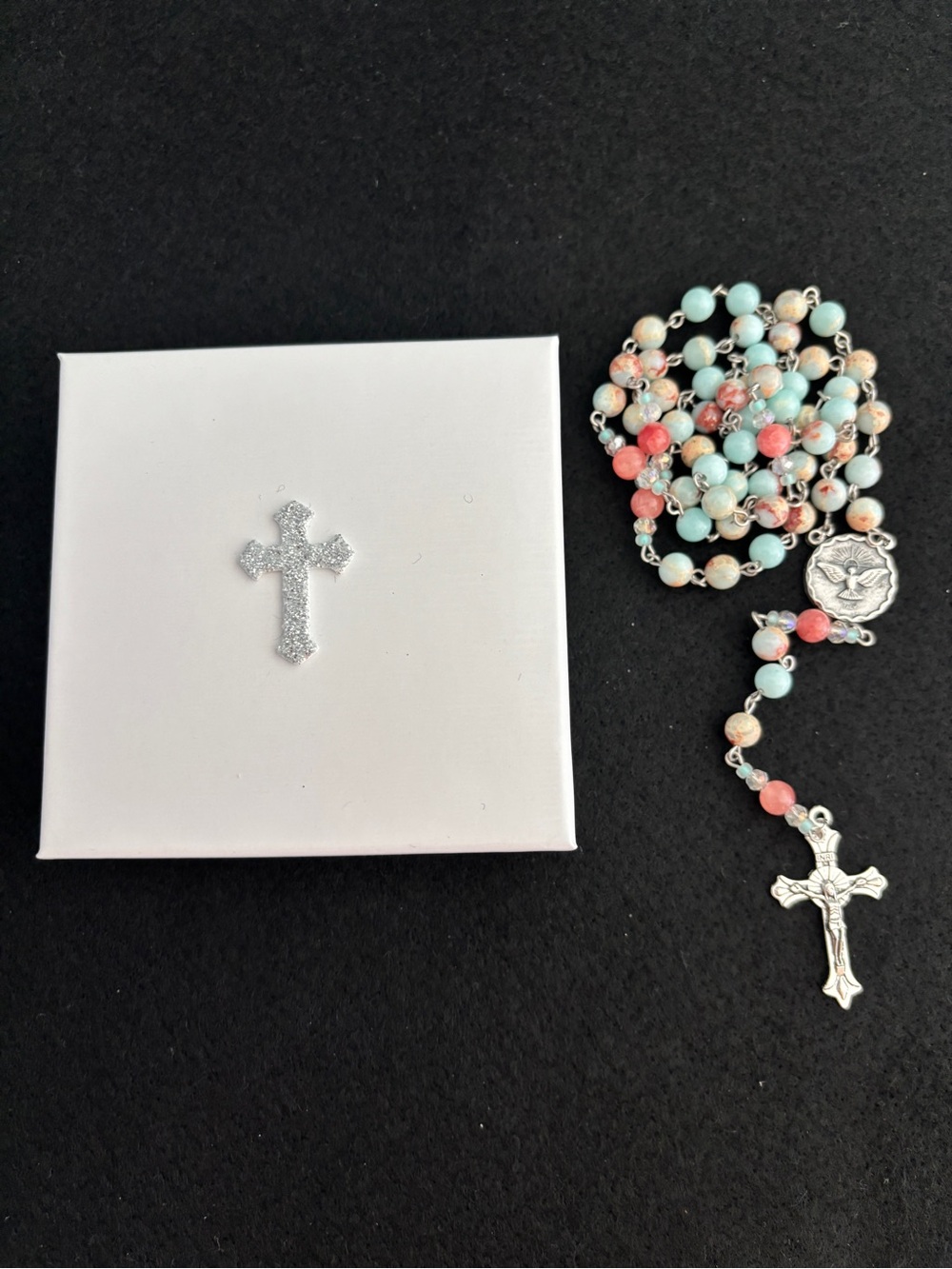 Handmade Blue Pink Dyed Quartz Holy Spirit Dove Confirmation Catholic Rosary